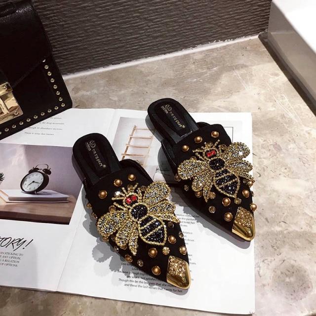 Spitz Strass Nieten Damen Hausschuhe Slipper Pantoletten Loafer Flache Sandalen Slides Strand Damenschuhe Metall Wildleder Damen 35 schwarz von Joom DACH