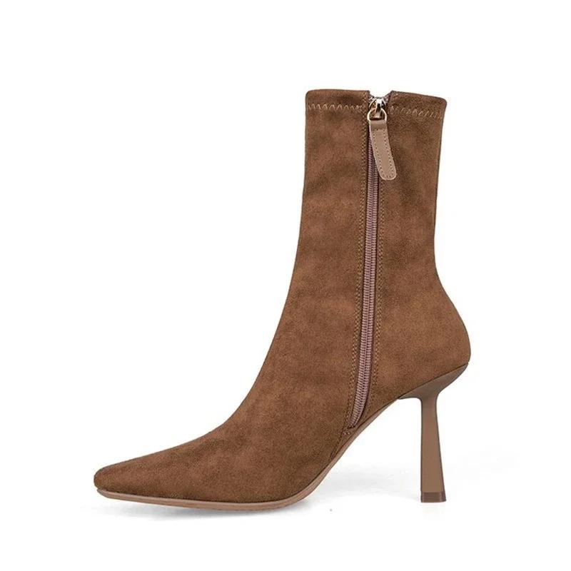 Spitz zulaufende Zehenpartie Damen Elastische Socken Kurze Stiefel Mode Seitliche Reißverschlüsse Schlanke Knöchelstiefel High Heel Herbst Winter Damenschuhe 39 braun von Joom DACH