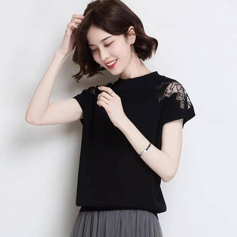 Spitze Aushöhlen Kurzarm T-Shirt für Damen Sommer Rückenfreie Blusen Damen Kurztop Damen T-Shirt Eisseide Strickpullover Tops Lässig Alles Passend Tos S schwarz von Joom DACH