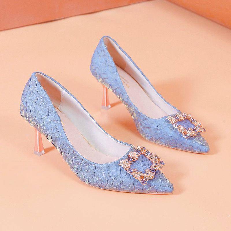 Spitze Damen High Heels mit feinem Absatz, mittelhoher Absatz, 7 cm Schleife, Strass, weiche Unterseite, Damenschuhe zum Einkaufen, Dating, Bankett mit Schuhen 39 blau von Joom DACH