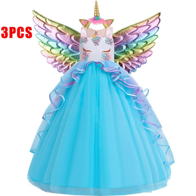 Spitze Einhorn Kleid Party Geburtstag Blume Prinzessin Kleid Mit Stirnband Flügel Kinder Weihnachten Halloween Cosplay Karneval Kostüm 130CM blau von Joom DACH