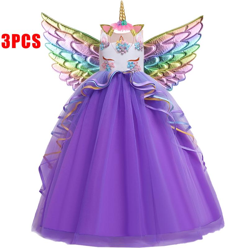 Spitze Einhorn Kleid Party Geburtstag Blume Prinzessin Kleid Mit Stirnband Flügel Kinder Weihnachten Halloween Cosplay Karneval Kostüm 130CM violett von Joom DACH