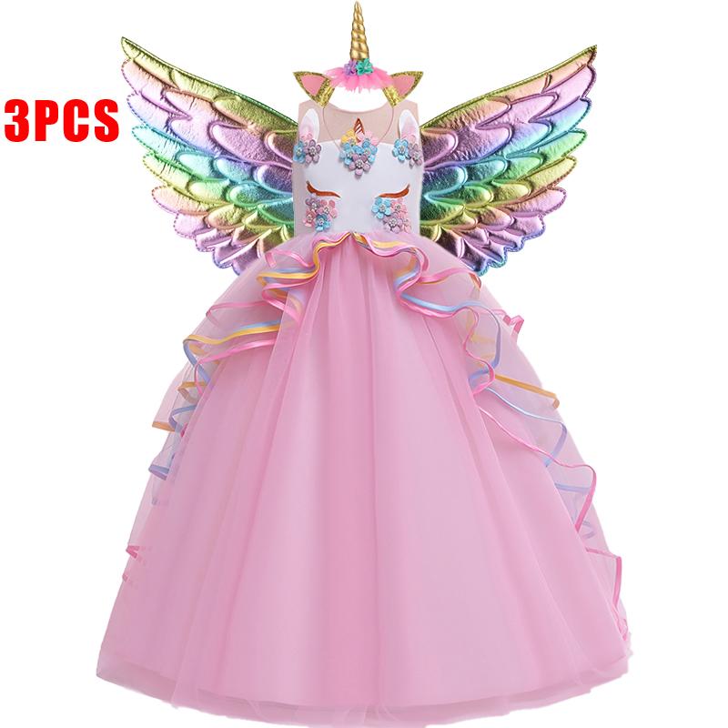 Spitze Einhorn Kleid Party Geburtstag Blume Prinzessin Kleid Mit Stirnband Flügel Kinder Weihnachten Halloween Cosplay Karneval Kostüm 140CM rosa von Joom DACH