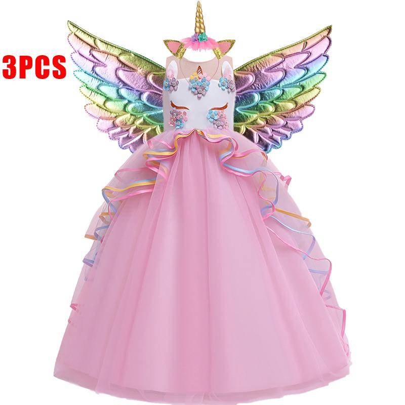 Spitze Einhorn Kleid Party Geburtstag Blume Prinzessin Kleid Mit Stirnband Flügel Kinder Weihnachten Halloween Cosplay Karneval Kostüm 140CM rosa von Joom DACH