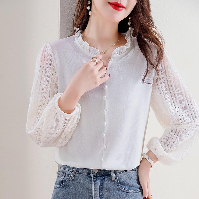 Spitze Fake Zweiteiler Oberteile für Frühling Neu Einfach Rundhals Locker Holz Ohrringe Rosa Hemd für Frauen L von Joom DACH