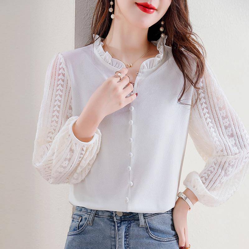 Spitze Fake Zweiteiler Oberteile für Frühling Neu Einfach Rundhals Locker Holz Ohrringe Rosa Hemd für Frauen L von Joom DACH