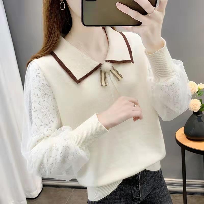 Spitze Langarmpullover Damen Locker Gestrickter Pullover Dünner Schnitt Oberbekleidung Basis Kurzes Oberteil one size von Joom DACH