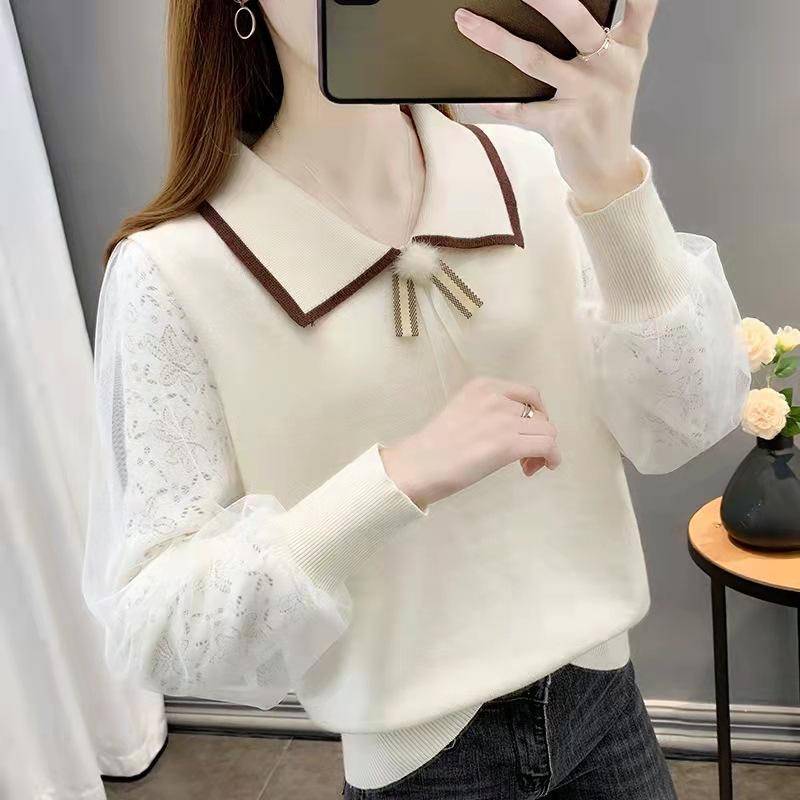 Spitze Langarmpullover Damen Locker Gestrickter Pullover Dünner Schnitt Oberbekleidung Basis Kurzes Oberteil one size von Joom DACH