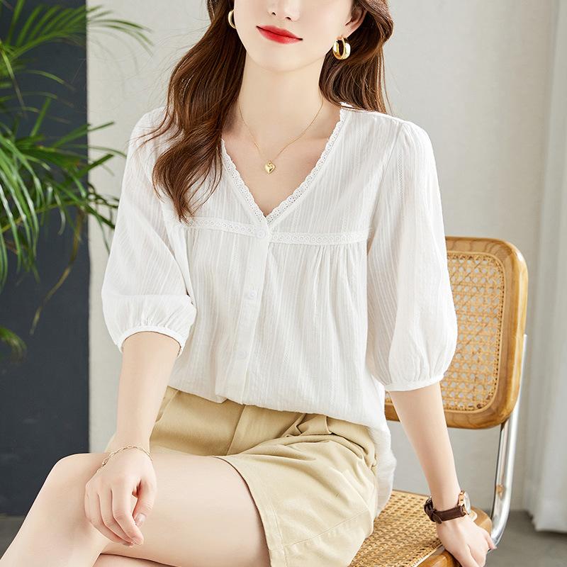Spitze Spitze V-Ausschnitt Bluse für Damen Sommer Neu Französischer Chic Lockeres Oberteil Reine Baumwolle Weißes Hemd XXL weiß von Joom DACH