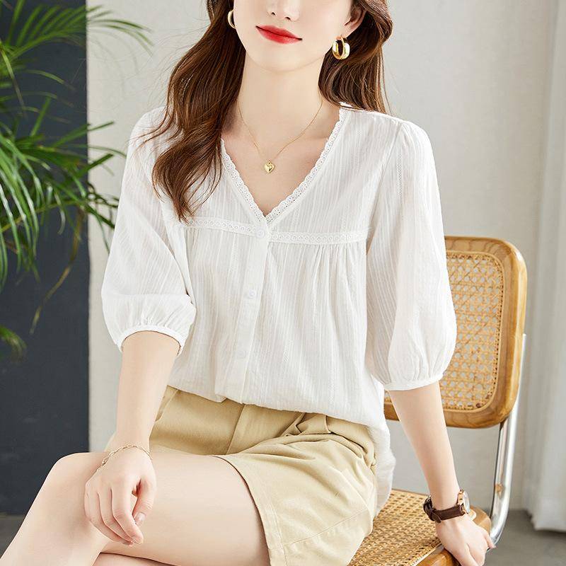 Spitze Spitze V-Ausschnitt Bluse für Damen Sommer Neu Französischer Chic Lockeres Oberteil Reine Baumwolle Weißes Hemd XXL weiß von Joom DACH