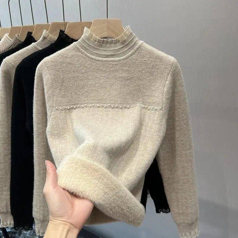 Spitze Strickwaren Warm Integrierte Plüsch Frauen Pullover Schlank Halb Hohe Kragen Verdicken Pullover Perle Dekoration Pull Jumper Herbst Winter XL 55-60kg apricot von Joom DACH
