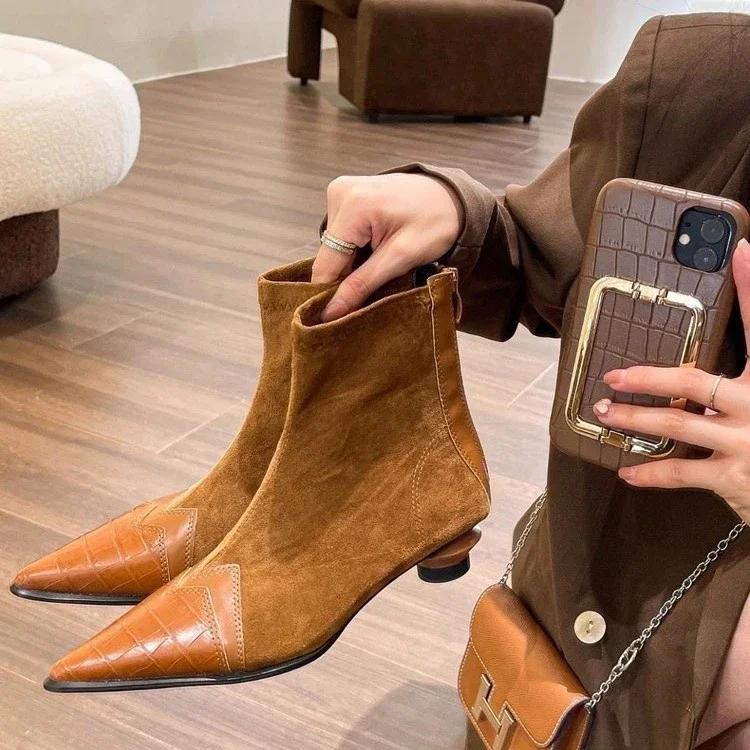 Spitze Zehen Damen Stiefeletten Mode Absatzschuhe Herbst Winter Trend Wildleder Chelsea Kurze Stiefel Neue Marke Schnee Botas Mujer 38 von Joom DACH