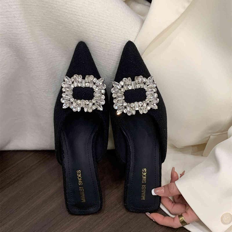 Spitze Zehenpartie Damen Pantoletten Hausschuhe Schuhe Mode Kristall Dekoration Slipper Design Stil Niedrige Absätze Bankett Party Sandalen Schuhe 39 schwarz von Joom DACH