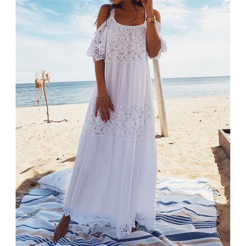 Spitzen-Baumwoll-Patchwork-Spitzen-Strandkleid, langer Badeanzug, Überzüge, Strandtunika One size weiß von Joom DACH