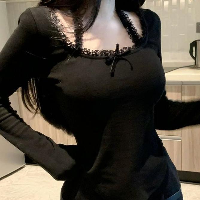 Spitzen-T-Shirt für Frauen Frühling Slim Crop Top Koreanische Neckholder Langarm T-Shirts Y2k Solide Damen T-Shirts Femme Schleife Süße Kleidung Neu M beige von Joom DACH