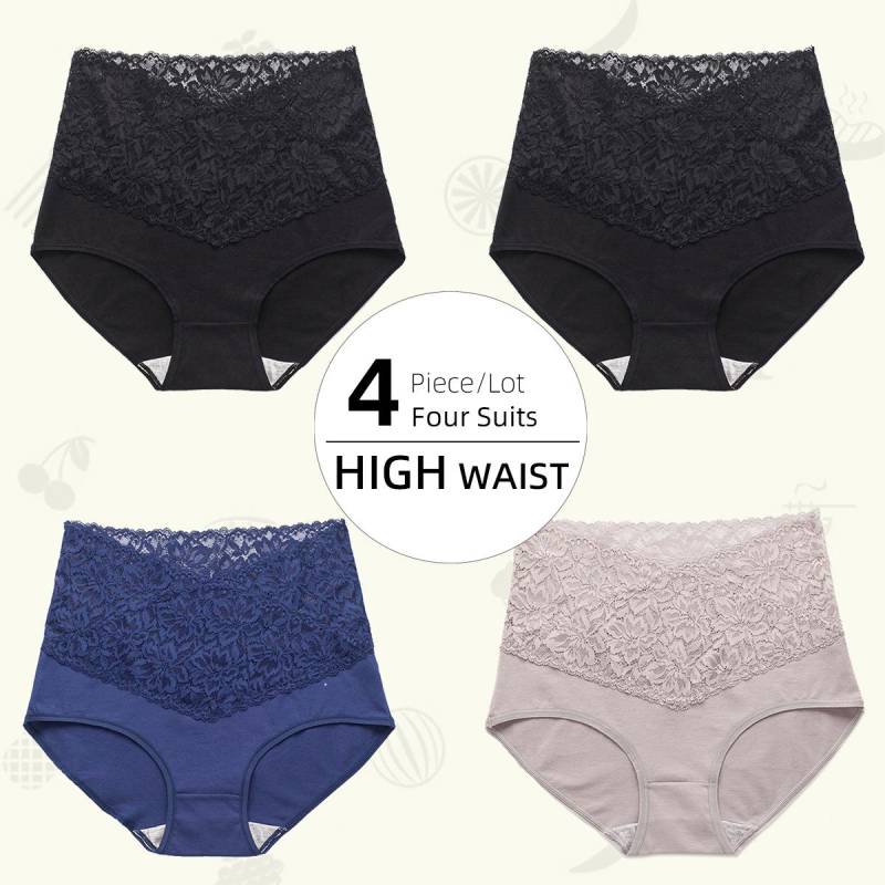 Spitzenhöschen mit hoher Taille für Damen, Slips aus reiner Baumwolle im Schritt, vorne und hinten, auslaufsichere Unterwäsche für Damen L von Joom DACH