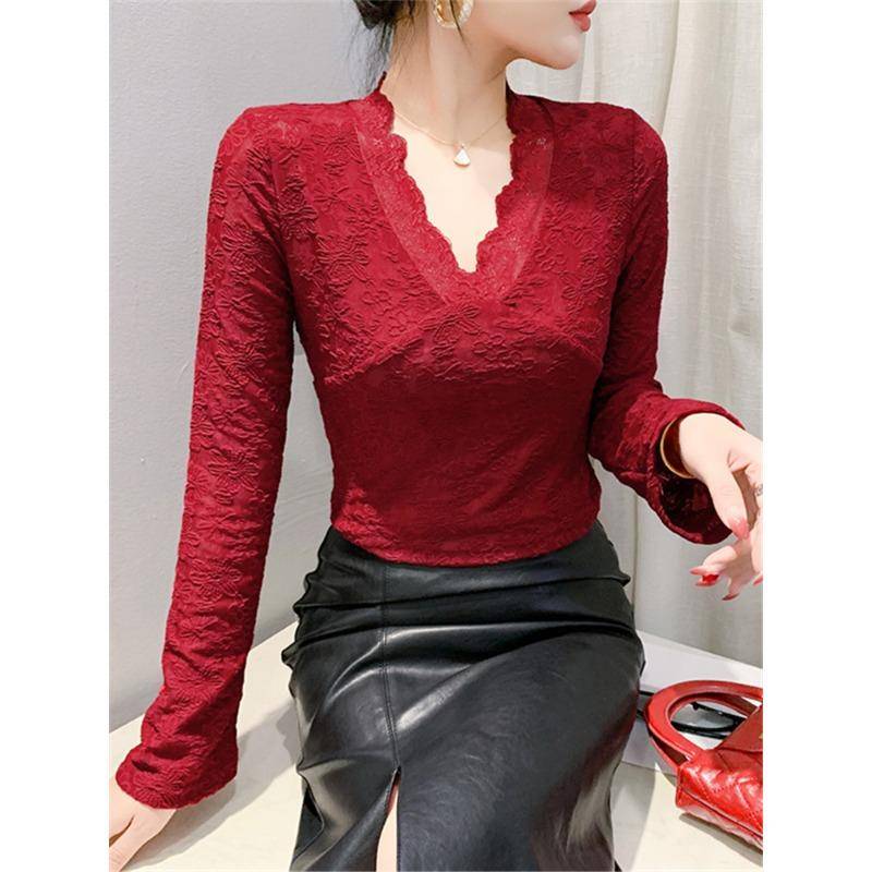 Spitzenoberteil für Damen T-Shirt Neu Langärmlig Spitze V-Ausschnitt Pullover Basic-Shirt M rot von Joom DACH