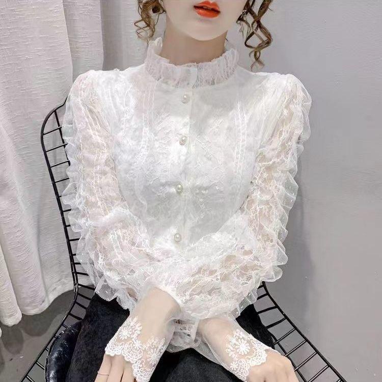 Spitzenunterhemd Oberbekleidung Damen Herbst und Winter Modische Spitzenstrickjacke Französisches Revers Langarmshirts Mode 2XL von Joom DACH