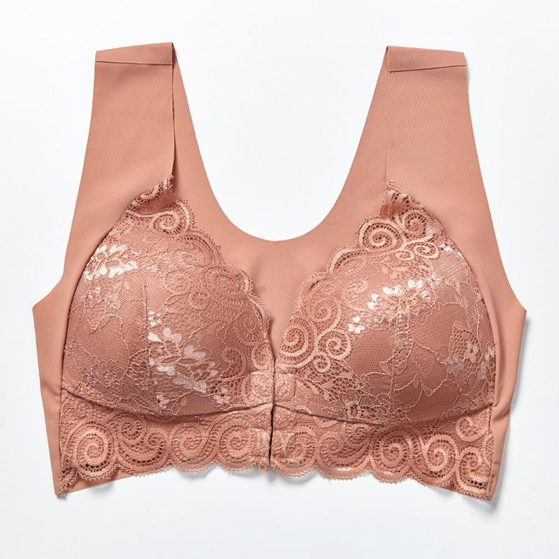 Spitzenunterwäsche für Damen im französischen Stil, Büstenhalter mit Frontverschluss, Bralette in Übergröße, dünnes Unterwäscheoberteil, geraffter Push-Up-BH ohne Bügel 7XL braun von Joom DACH
