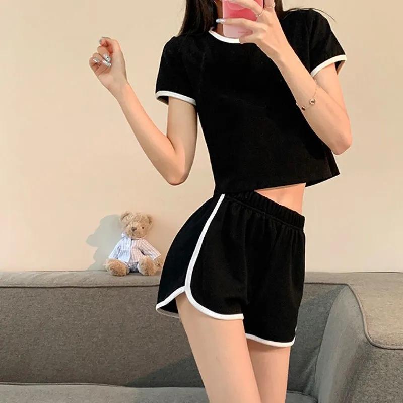 Sportanzug Kurzarm Rundhals Slim Fit T-Shirt Shorts Zweiteiler Sets Damen Mode Kurzer Bauchnabel Crop Top Einfarbig Freizeitanzüge S schwarz von Joom DACH
