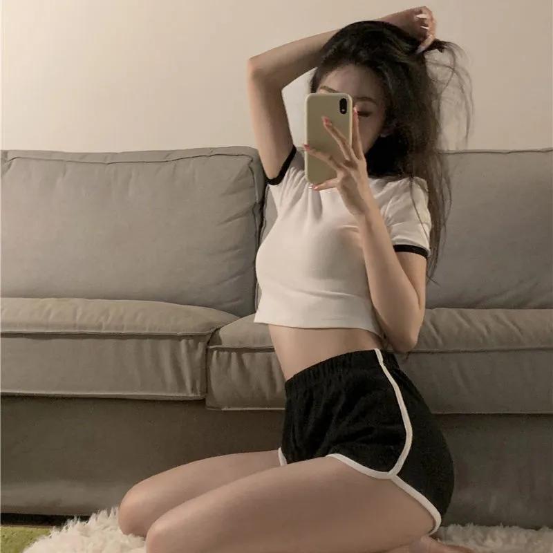 Sportanzug Kurzarm Rundhals Slim Fit T-Shirt Shorts Zweiteiler Sets Damen Mode Kurzer Bauchnabel Crop Top Einfarbig Freizeitanzüge XL weiß von Joom DACH