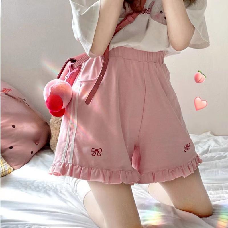 Sportliche Shorts Damen Rüschen Kawaii Schleifen Japanischer Stil Lässig Locker Weich Hohe Taille Sommer Studenten Einfache Mode Beliebt Chic L rosa von Joom DACH