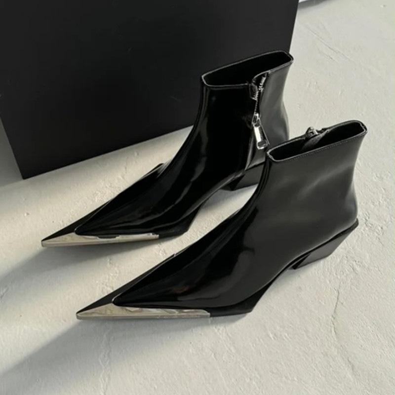 Frühling Herbst Neu Britischer Stil Dicke Hohe Absätze Spitzzehe Metalldekoration Lackleder Damen Knöchel Kurz Chelsea Boots 39 schwarz von Joom DACH