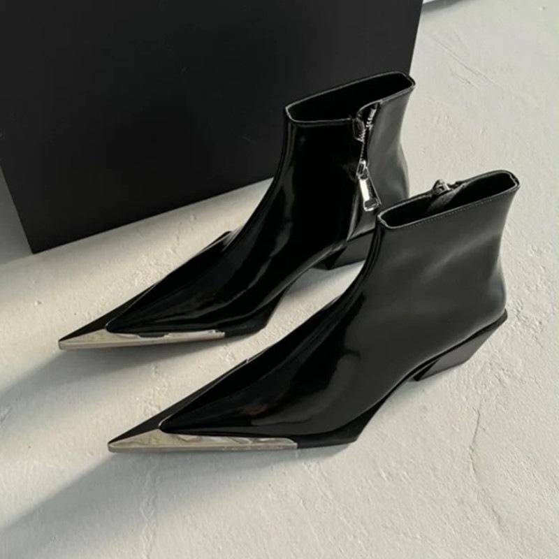 Frühling Herbst Neu Britischer Stil Dicke Hohe Absätze Spitzzehe Metalldekoration Lackleder Damen Knöchel Kurz Chelsea Boots 39 schwarz von Joom DACH