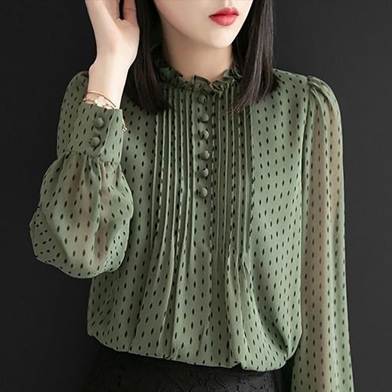 Frühling Herbst Damen Chiffon Blusen Hemden Dame Lässig Langarm O-Ausschnitt Gepunktet Bedruckt Chiffon Blusas Tops XXXXL schwarz von Joom DACH