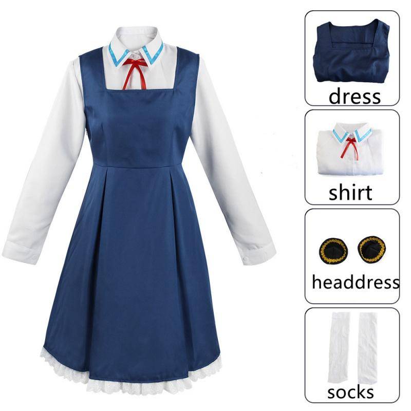 Spy X Familie Anya Forger Cosplay Kostüm Anime Blau Kleid Socken Kopfbedeckungen Uniform Halloween Weihnachten Party Rock Erwachsene Kinder Kleidung XS/150 von Joom DACH