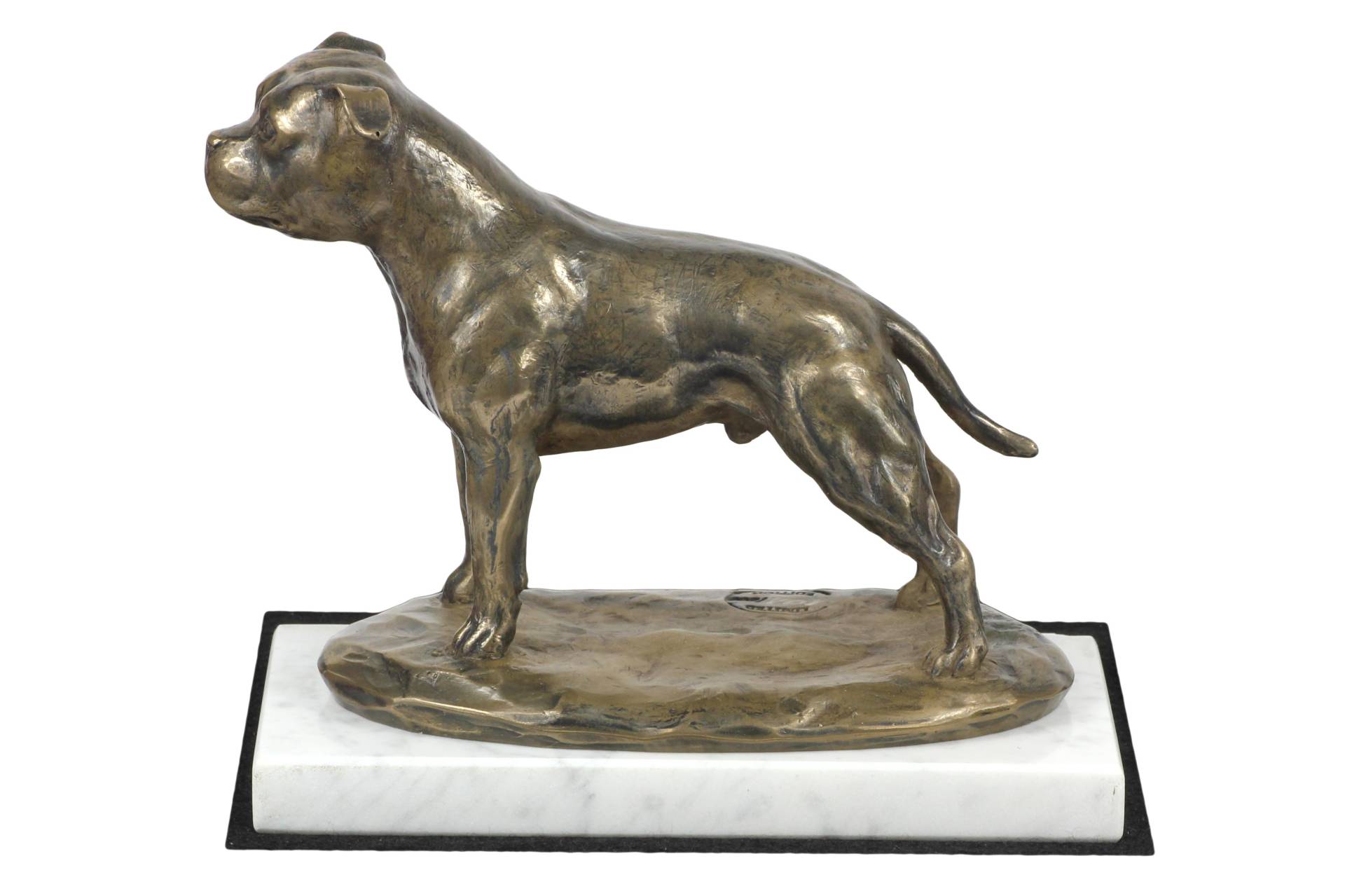 Staffordshire Bull Terrier, Staffy III - dog figurine, statue on white marble, trophy for Art-Dog dog show exhibition braun von Joom DACH