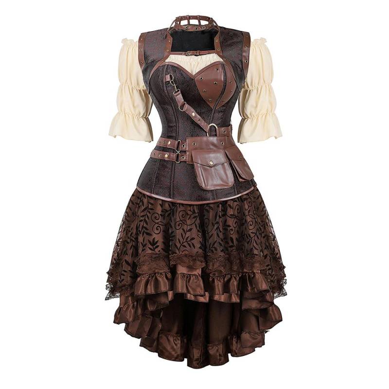 Steampunk Korsettkleid Piratenkostüm für Damen Halloween Mittelalter Bluse Gothic Kunstleder Korsettkleid mit Trägern Braun M von Joom DACH