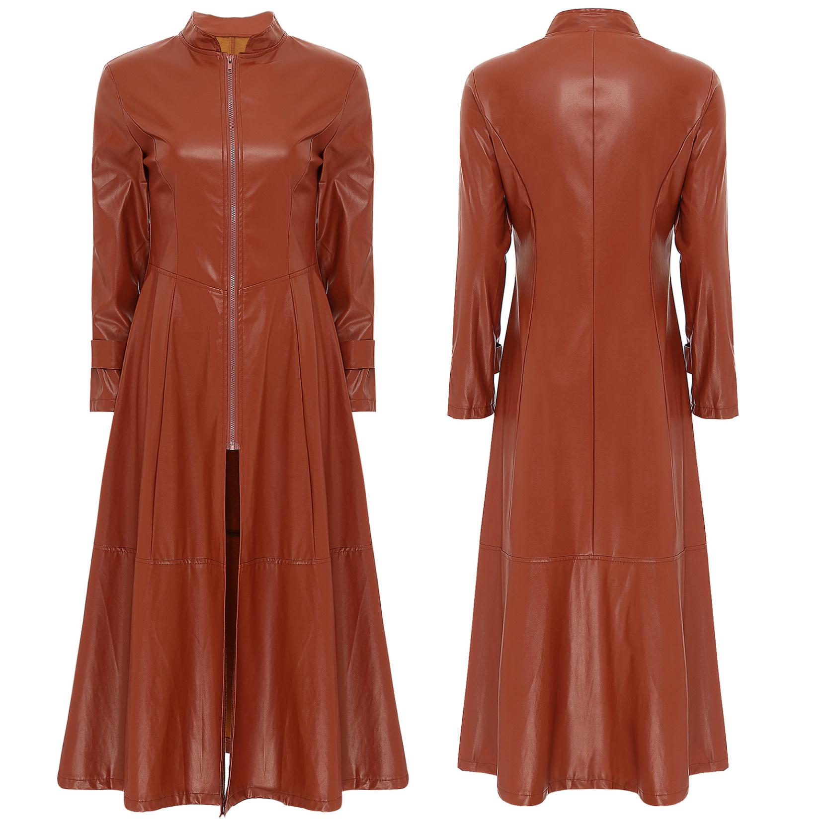 Steampunk-Stil, Gothic-Motorrad-Mantel, Disco-Party, langer Mantel, Kunstleder, Trenchcoat, Jacke, Umhang, Kleid, durchgehender Reißverschluss, knöchellang, für Damen und Herren M braun von Joom DACH