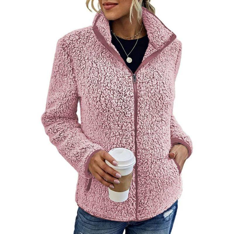 Stehkragen Einfarbiger Pullover Damen Casual Fashion Langarm Reißverschluss Bubble Fleece Jacke XXL rosa von Joom DACH
