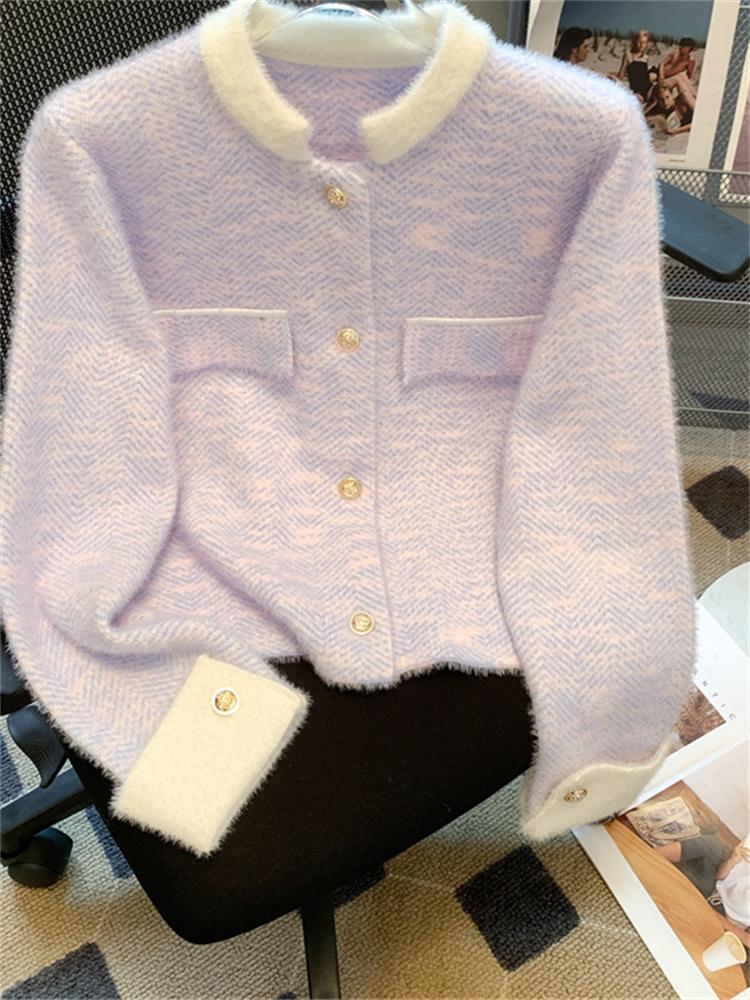 Stehkragen Frauen Strickjacke Herbst Winter Neue Mode Casual Langarm Rosa Strickjacke Chic Vintage Strickpullover One Size schwarz von Joom DACH