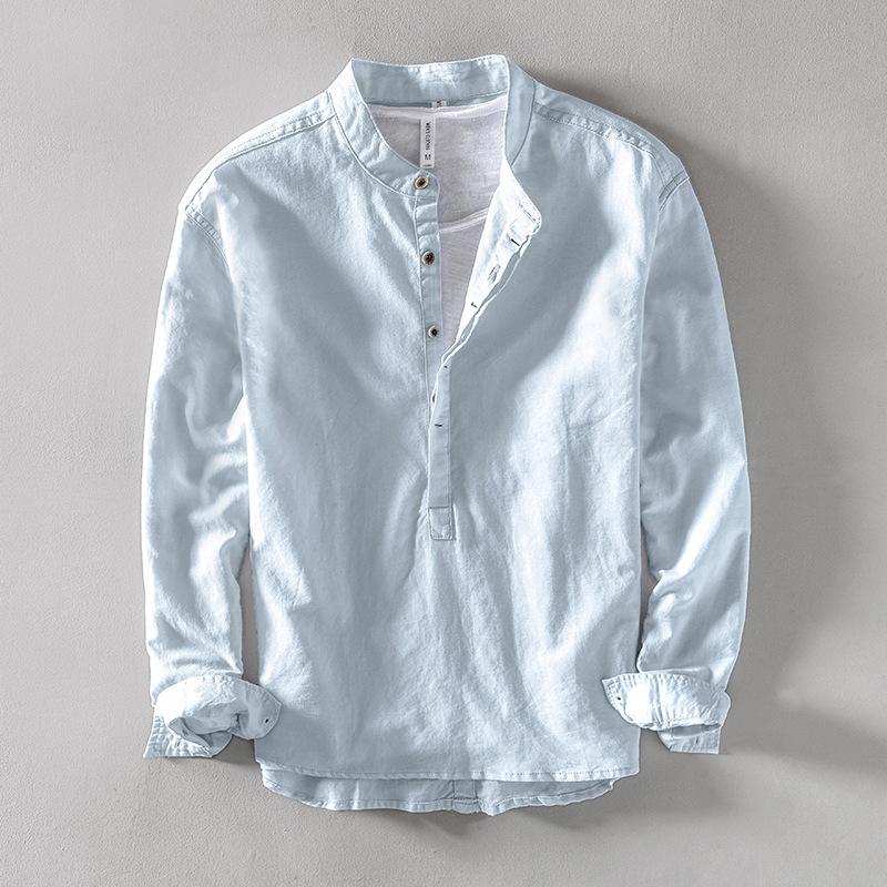 Stehkragen Pullover Langarm Leinen Sommerhemd Herren Casual Fashion Shirts für Männer Solide Bequeme Hemd Herren Chemise L himmelblaue von Joom DACH