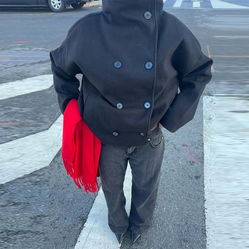 Stehkragen Zweireihig geknöpfter kurzer Damenmantel 2025 Herbst Langärmelige warme Jacke Gerade Röhre Lässig Pendeln S schwarz von Joom DACH