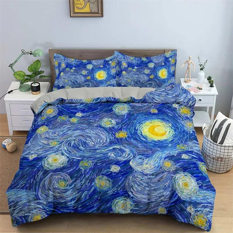 Sternennacht-Bettbezug-Set von Van Gogh, Queen-Size-Größe, Ölgemälde, berühmte moderne klassische Himmelssternkunst, dekoratives 3-teiliges Bettwäscheset 135x200cm von Joom DACH
