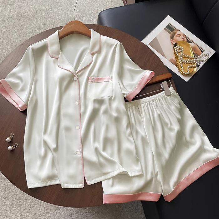 Stickerei-Grafik-Pyjama-Set für Damen, Kunstseide, Satin-Pyjama-Set, zweiteiliges Shorts-Set, bequeme Pyjama-Kleidung für Zuhause M von Joom DACH