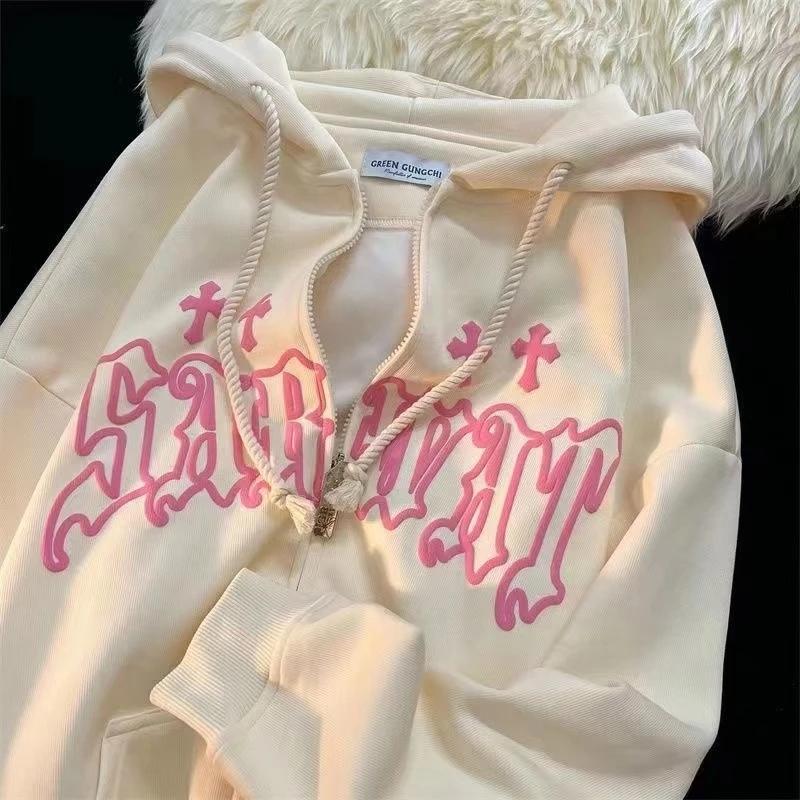 Stickerei Hoodies Frauen High Street Harajuku Retro Hip Hop Zip Up Hoodie Lose Mann Sweatshirt Hoodie Kleidung Y2K Hoodie M beige von Joom DACH
