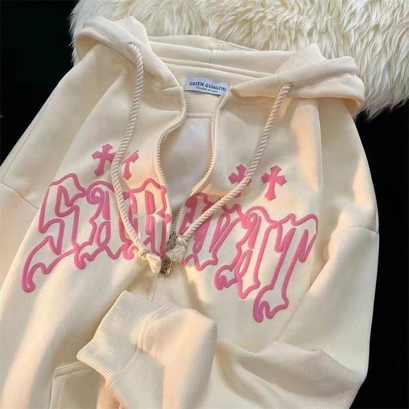 Stickerei Hoodies Frauen High Street Harajuku Retro Hip Hop Zip Up Hoodie Lose Mann Sweatshirt Hoodie Kleidung Y2K Hoodie M beige von Joom DACH