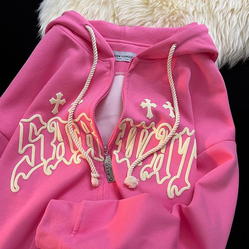 Stickerei Hoodies Frauen High Street Harajuku Retro Hip Hop Zip Up Hoodie Lose Mann Sweatshirt Hoodie Kleidung Y2K Hoodie XXL rosa von Joom DACH