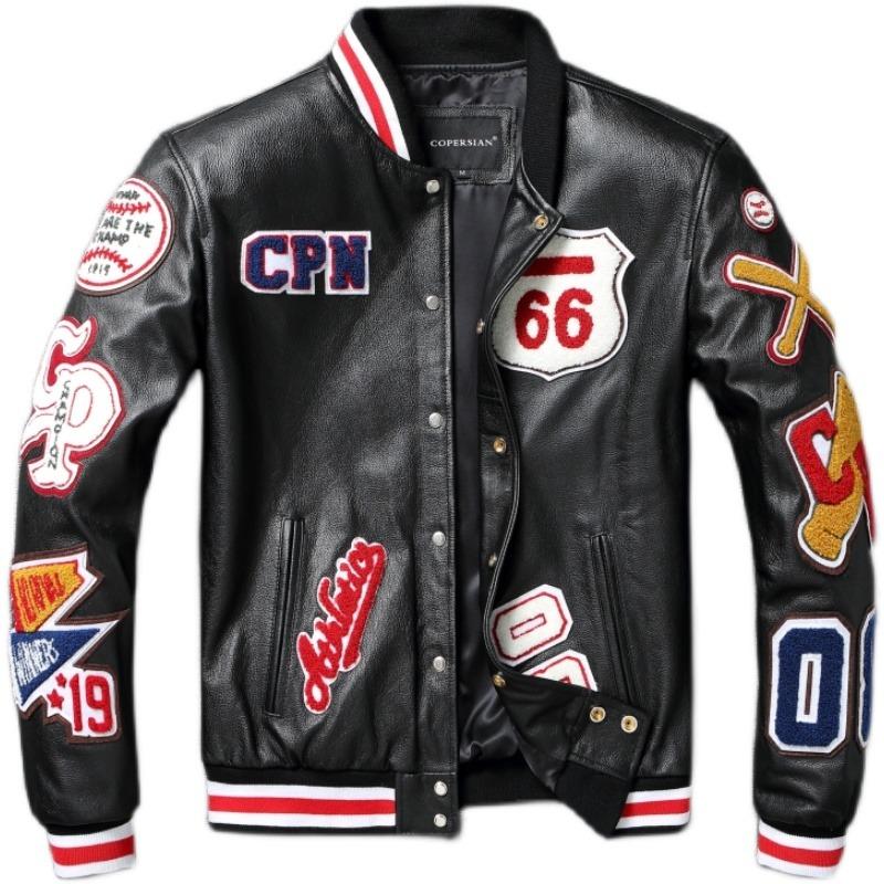 Stickerei Patches Baseball Jacken Echtes Rindsleder Leder Jacke Männer Motorrad Biker Mäntel Herbst Herren Mantel 5XL schwarz von Joom DACH