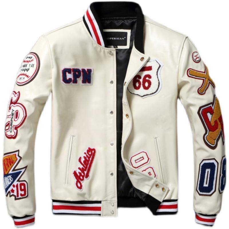 Stickerei Patches Baseball Jacken Echtes Rindsleder Leder Jacke Männer Motorrad Biker Mäntel Herbst Herren Mantel XL weiß von Joom DACH