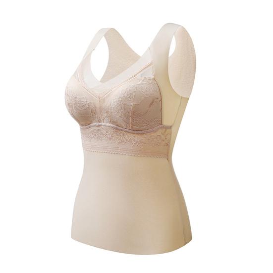 Stickerei Spitze Dekor Push Up Brustpolster V-Ausschnitt Hohe elastische Thermoweste Damen Winter Nahtlos Darlon Futter Warme Unterwäsche Weste Tägliches Kleidungsstück 2XL von Joom DACH