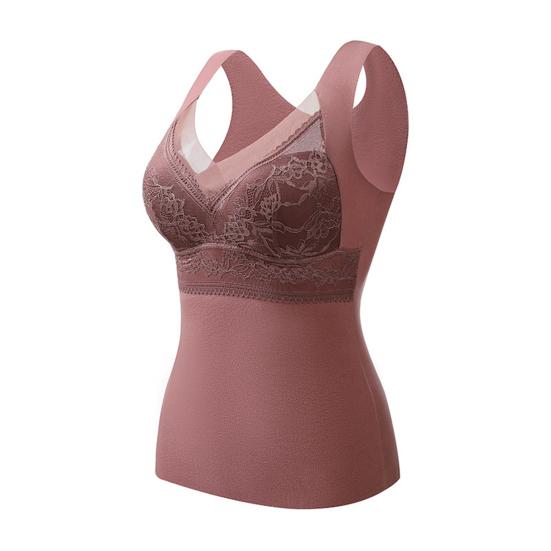Stickerei Spitze Dekor Push Up Brustpolster V-Ausschnitt Hohe elastische Thermoweste Damen Winter Nahtlos Darlon Futter Warme Unterwäsche Weste Tägliches Kleidungsstück 3XL von Joom DACH