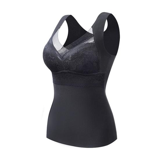 Stickerei Spitze Dekor Push Up Brustpolster V-Ausschnitt Hohe elastische Thermoweste Damen Winter Nahtlos Darlon Futter Warme Unterwäsche Weste Tägliches Kleidungsstück 4XL von Joom DACH