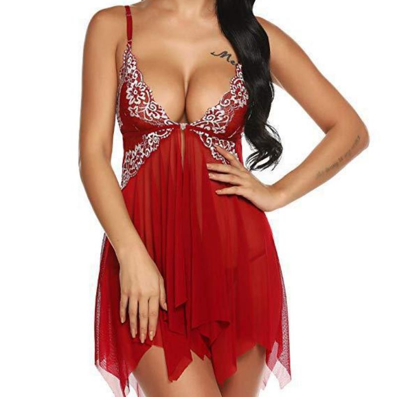 Stickerei Spitze Nachthemd Frauen Mini Kleid Pyjamas Übergroße Elegante Klassische Hause Tragen Neckholder Sling Home Wear Neckholder Sling 2XL rot von Joom DACH