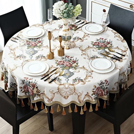 Stickerei große europäische runde Tischdecke Chenille Jacquard Tischdecke Weihnachten Esstisch Abdeckung runde Tischdecken für Hochzeitsdekoration 140CM beige von Joom DACH