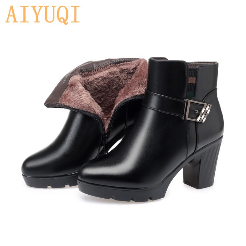 Stiefeletten aus echtem Leder, Damen-Schuhe mit hohen Absätzen, Stiefel, Schuhe, Damen, Wolle, warm, Trend, Schneestiefel 39 von Joom DACH